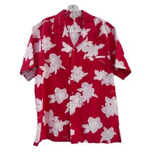 Jade Fashions Hawaiian Mens Red Tropical Print Shirt L 1980's Vintage
